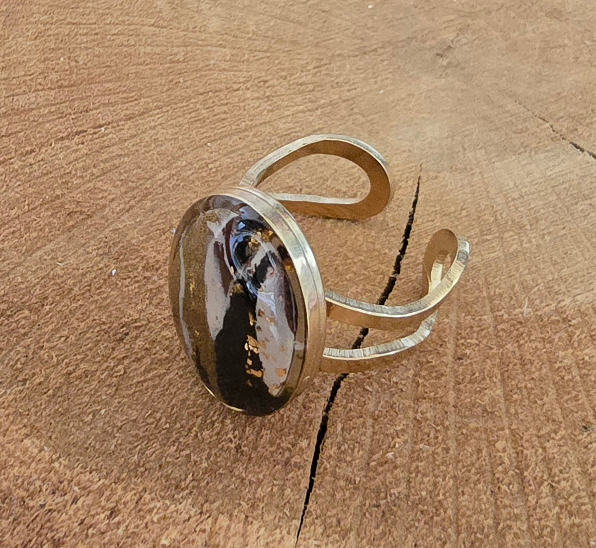 Bague ajustable ovale marbrée noir, blanc & doré