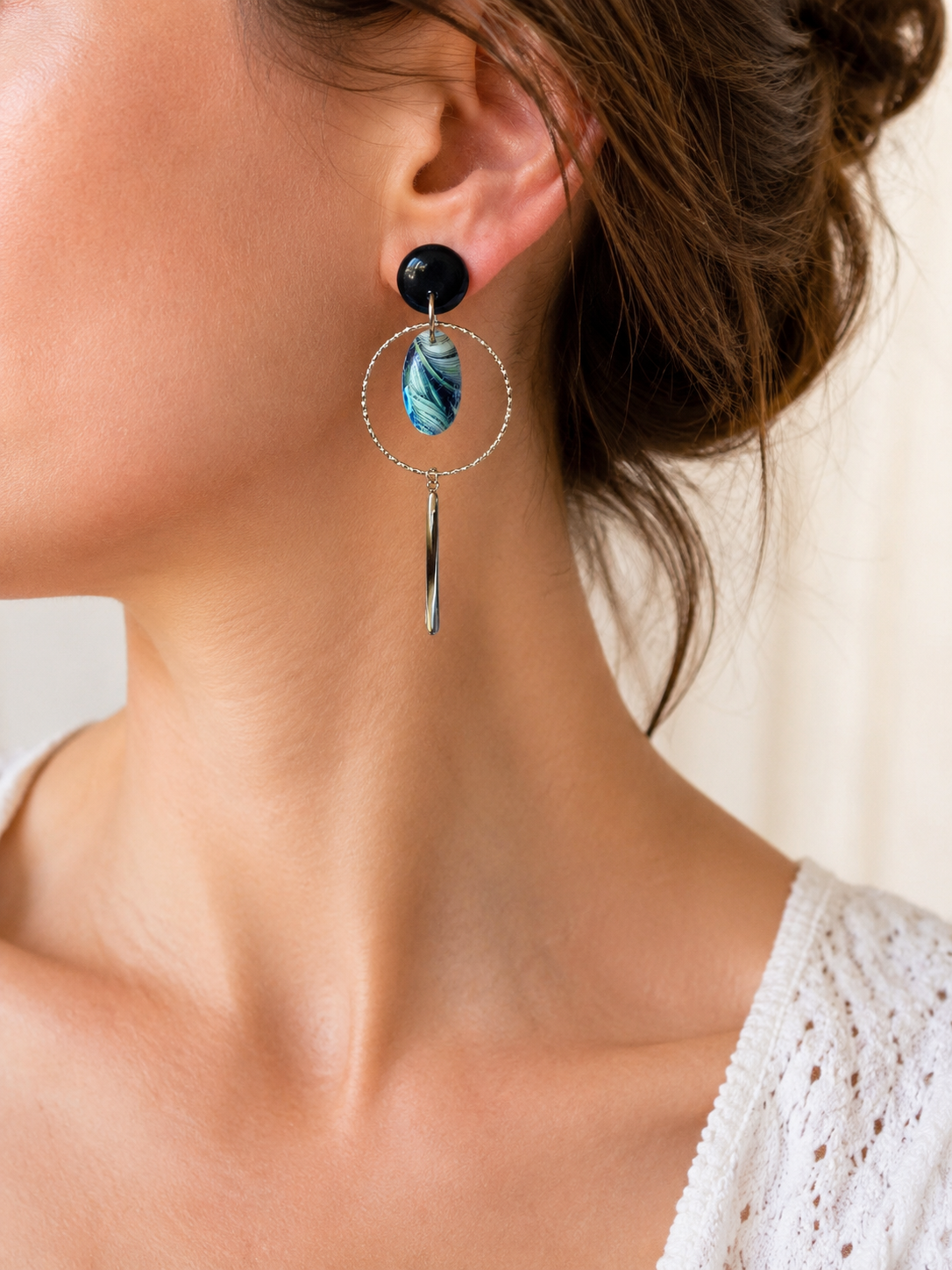 Boucles d'oreilles pendantes en acier inoxydable argenté et pâte polymère effet marbré bleu