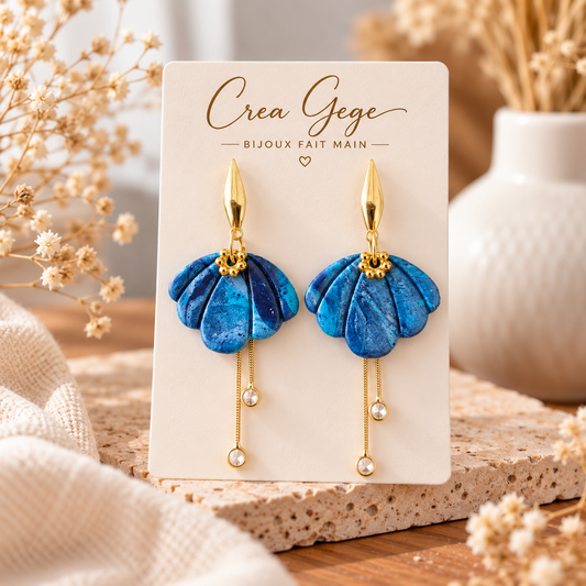 Boucles d’oreilles bleues marbrées à chaînettes dorées – Crea Gege