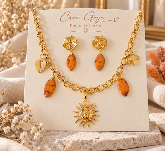 Parure Soleil Cognac – Collier et Boucles d’Oreilles Dorées Fait Main