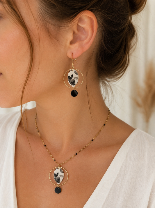 "Flowered Autumn" Black and White Flower Pendant Necklace