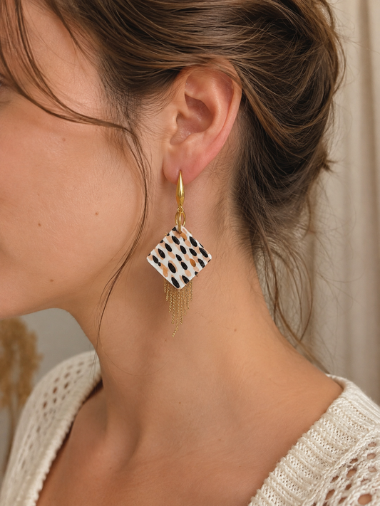 Leopard rhombus and golden chain earrings "Wild Cascade"