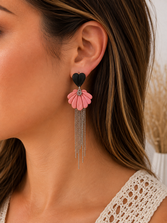 "Powdered Cascade" Pink Flower and Silver Chain Earrings