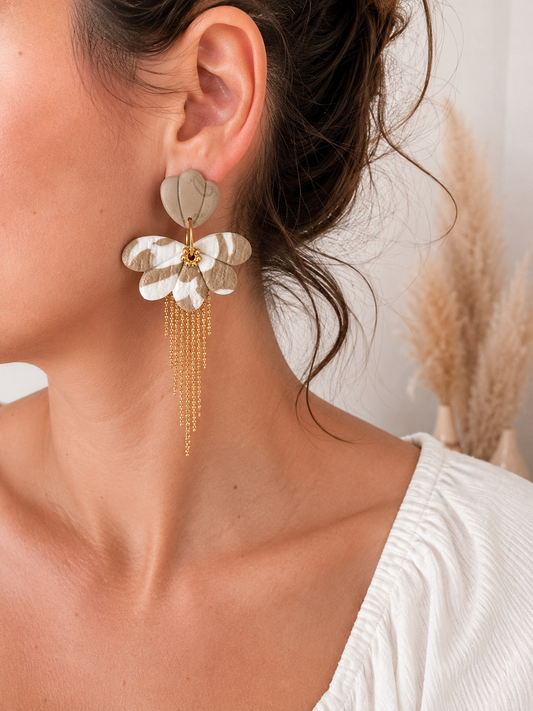 "Sable Cascade" marbled flower earrings with golden chains