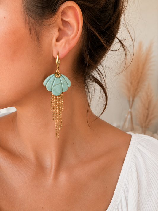 Seafoam Green Flower Earrings with Gold Chains "Lagune Dorée"
