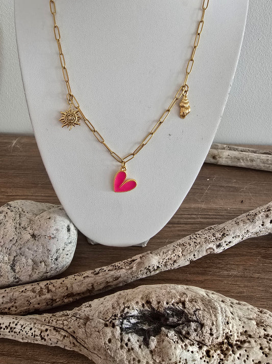 Collier doré cœur rose