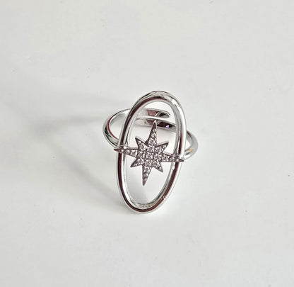 Bague ajustable étoile ovale en acier inoxydable serti de strass