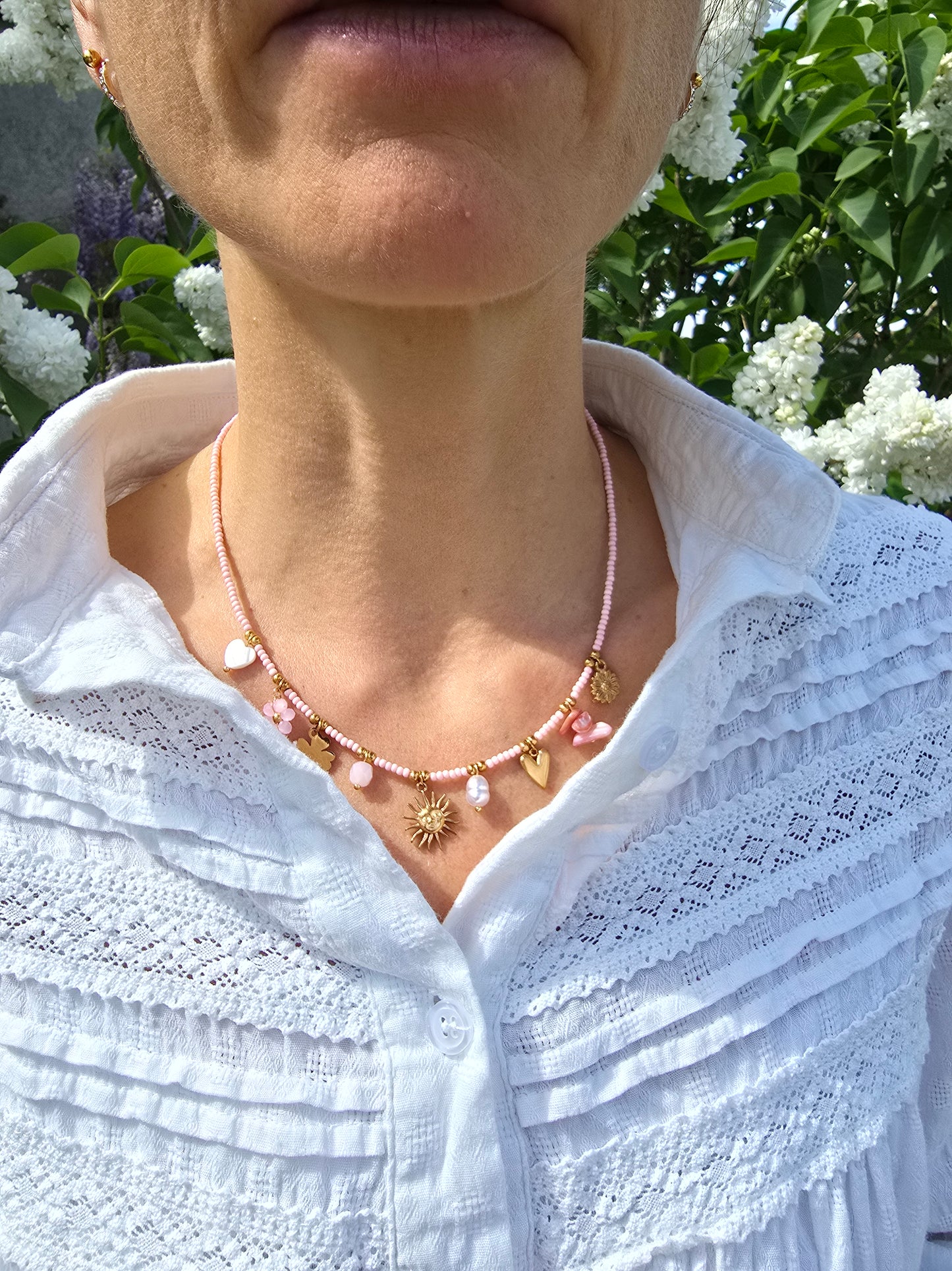 Collier charms ajustable en perle - acier inoxydable