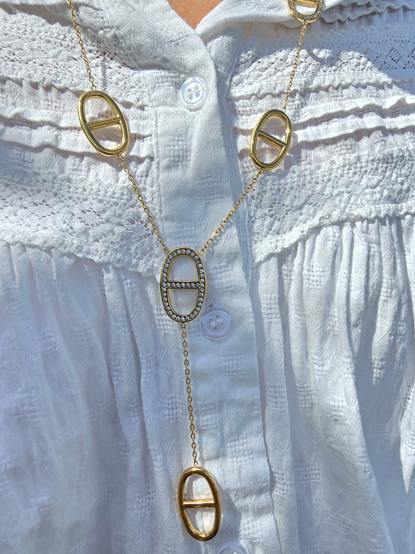 Collier y grosse maille marine strass - Acier inoxydable