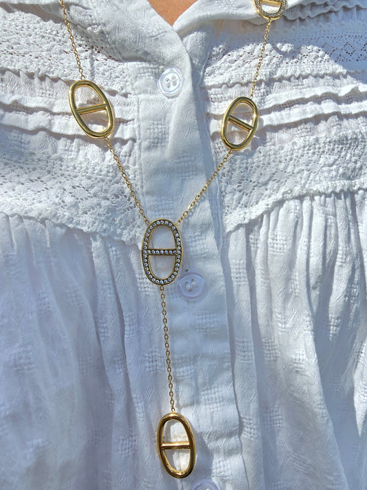 Collier y grosse maille marine strass - Acier inoxydable