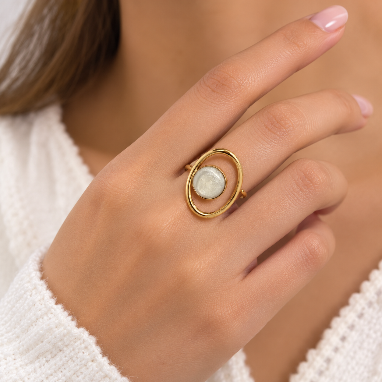 Bague ovale résine ronde ajustable acier inoxydable doré - Créa Gégé