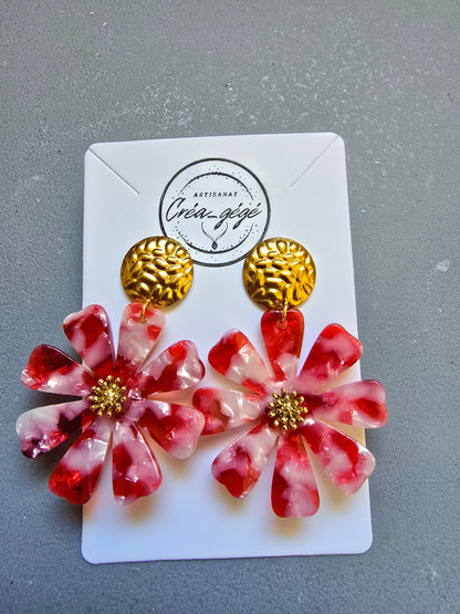 Boucles d'oreilles pendantes fleur XXL en résine - Plusieurs coloris