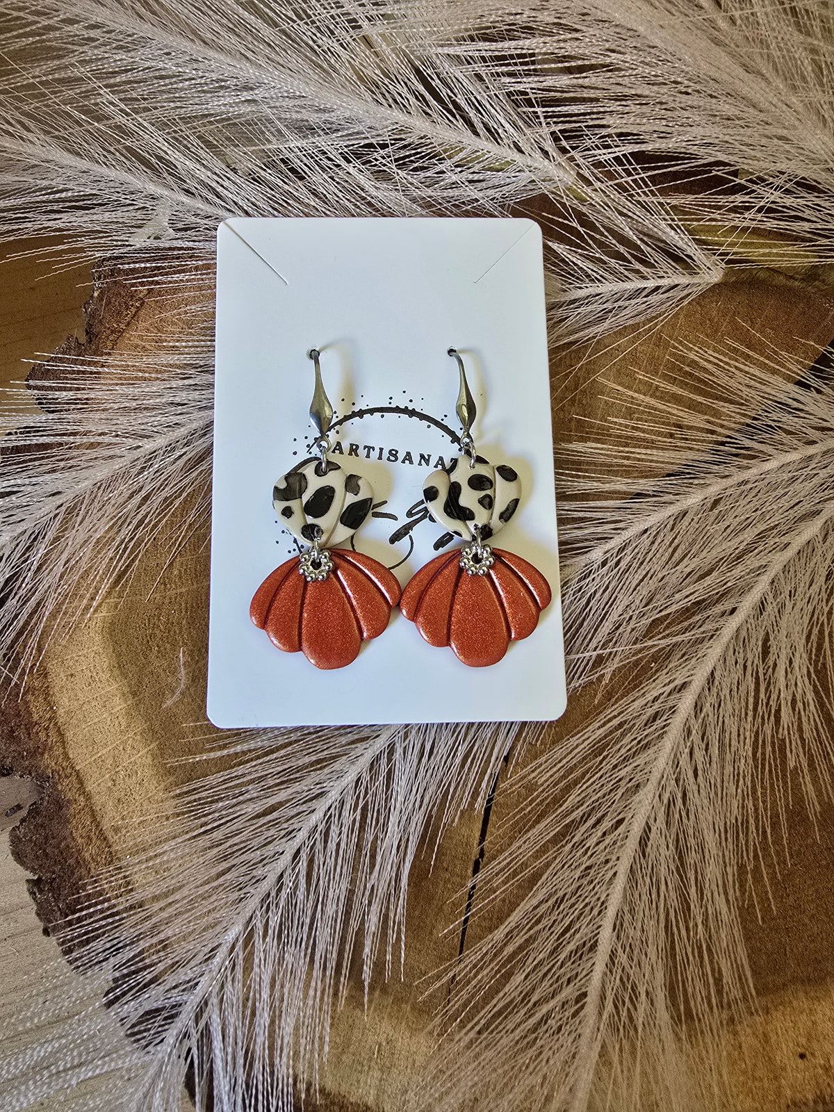 Boucles d’oreilles cœur léopard et fleur terracotta métallisé – Créa Gégé