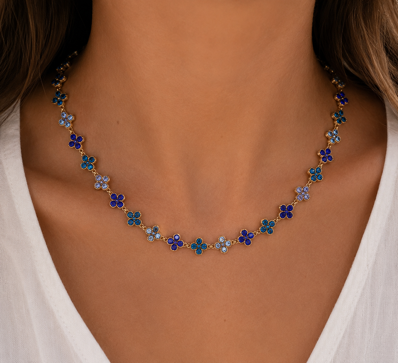 Collier Trèfle Dégradé Bleu Saphir - Acier Inoxydable