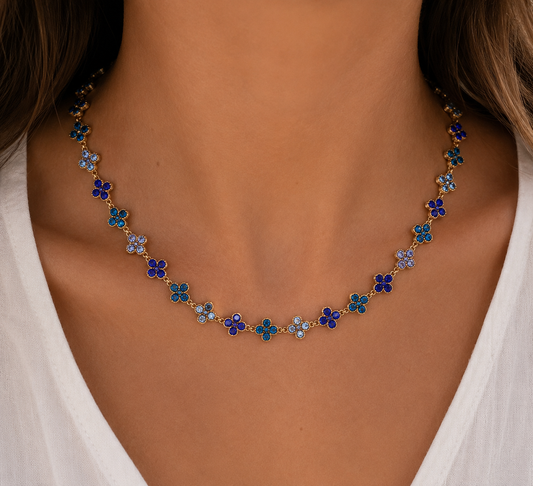 Collier Trèfle Dégradé Bleu Saphir - Acier Inoxydable
