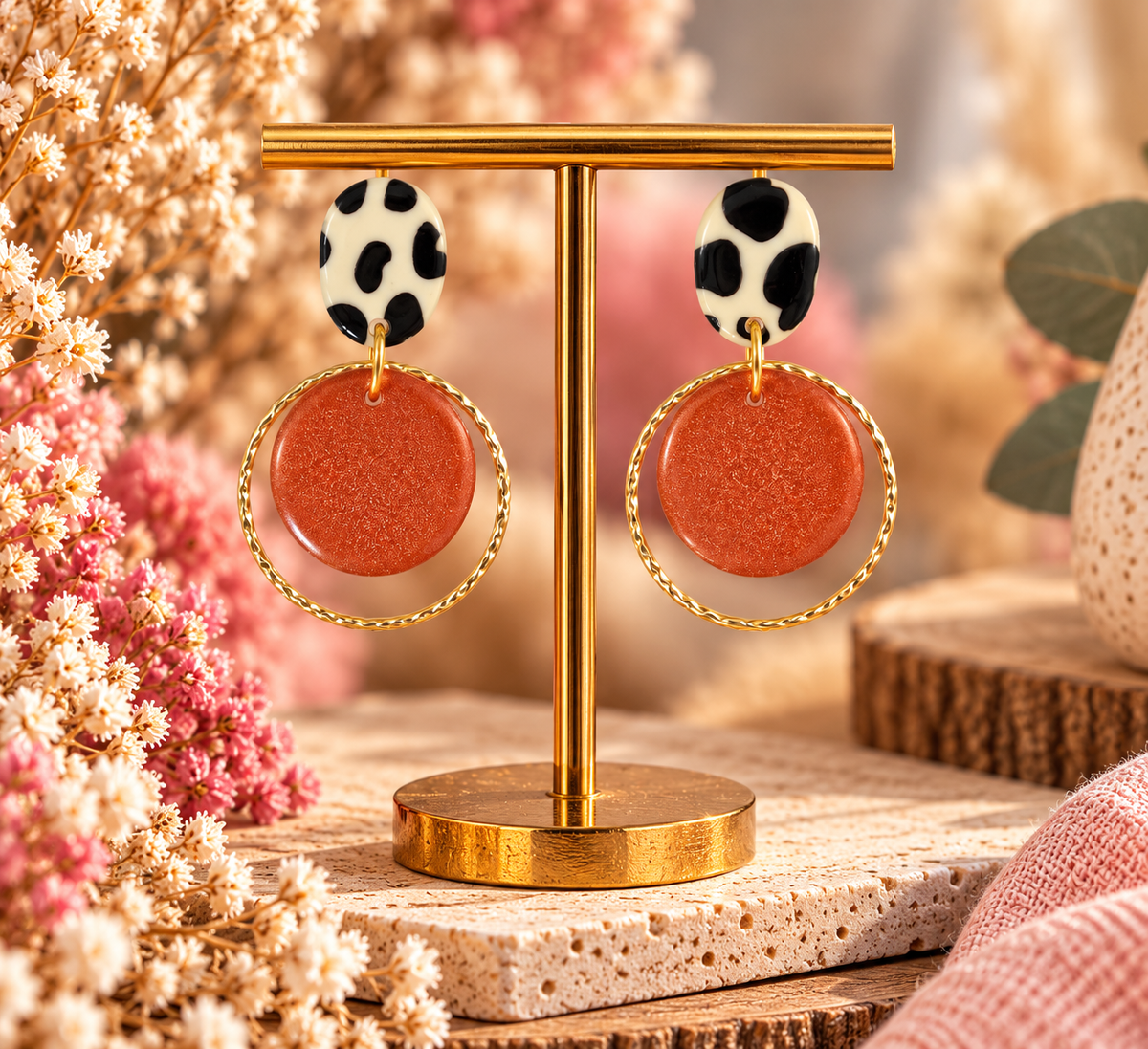 Boucles d’oreilles léopard et terracotta métallisé – Créa Gégé