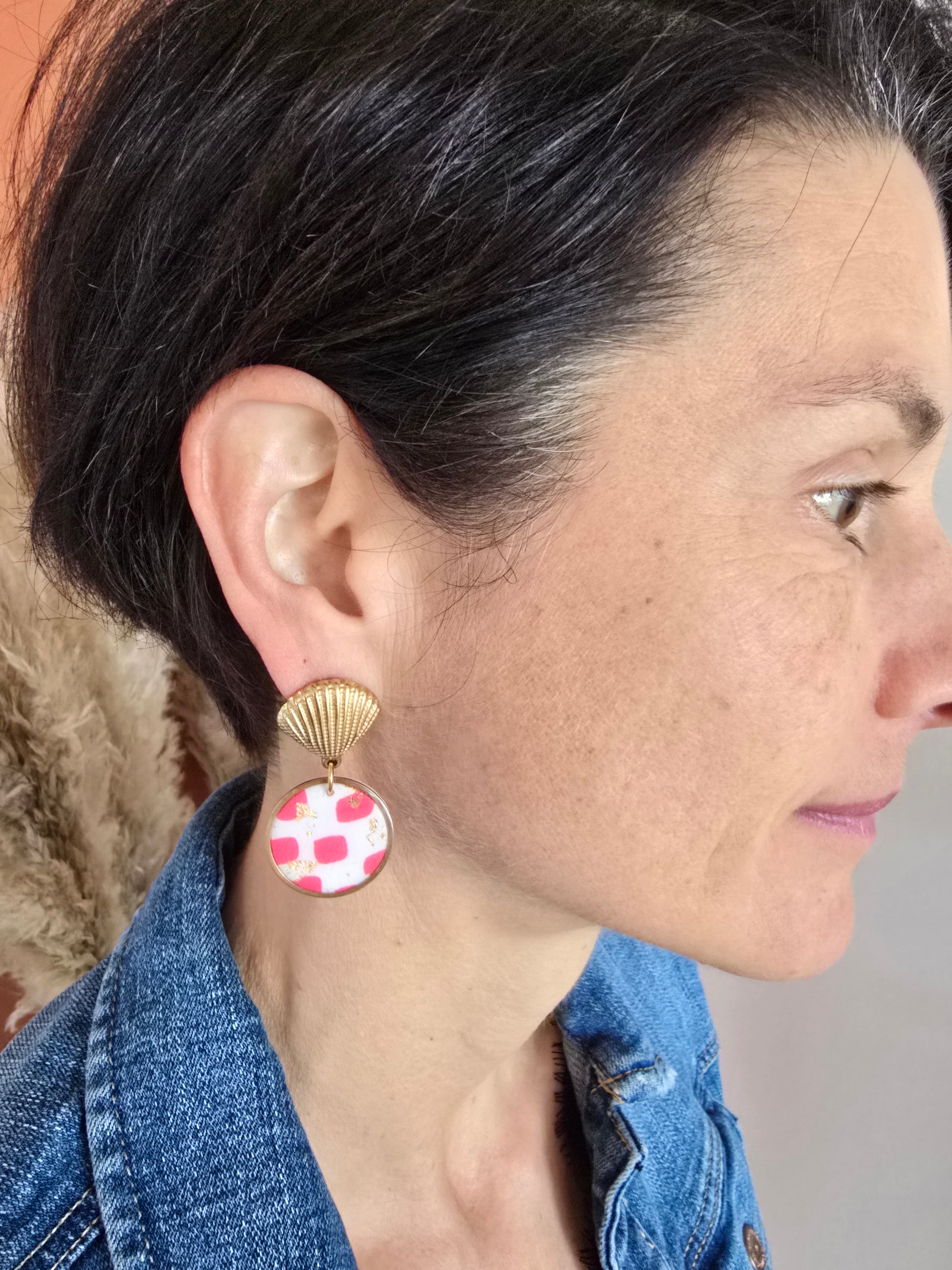 Boucles d’oreilles acier inoxydable attaches coquillage motif géométrique - Créa Gégé
