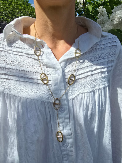 Collier y grosse maille marine strass - Acier inoxydable
