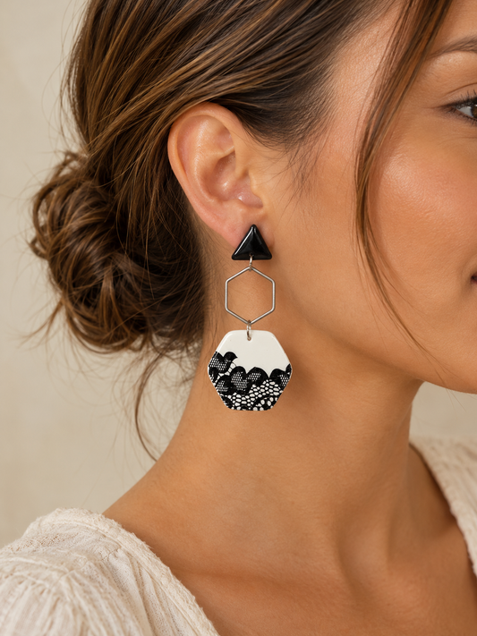 Boucles d'oreilles pendantes hexagone dentelle noire & blanche