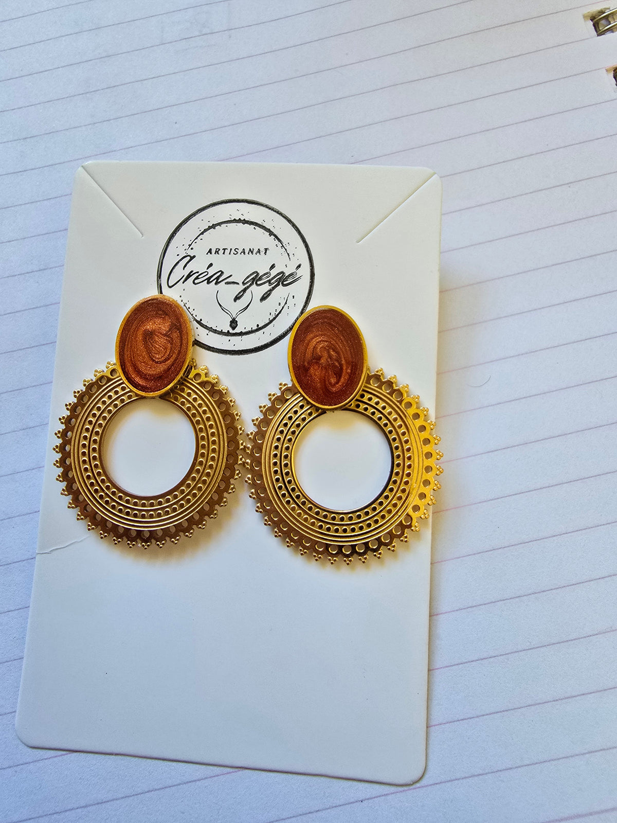 Boucles d'oreilles pendantes bohème bronze & soleil doré