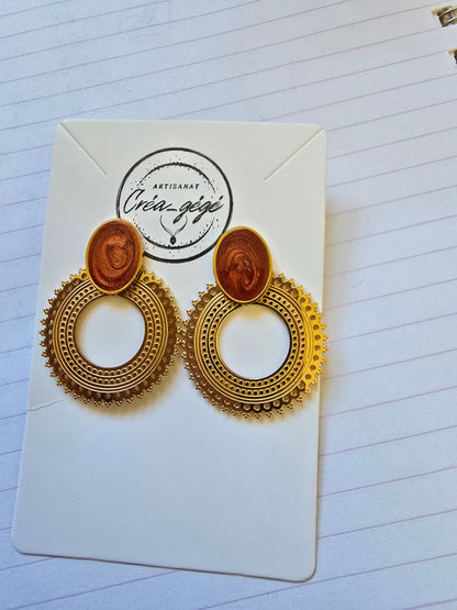 Boucles d'oreilles pendantes bohème bronze & soleil doré