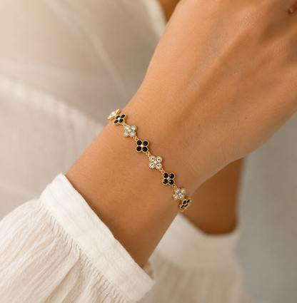 Bracelet Trèfle Dégradé Noir et Blanc Ajustable - Acier Inoxydable