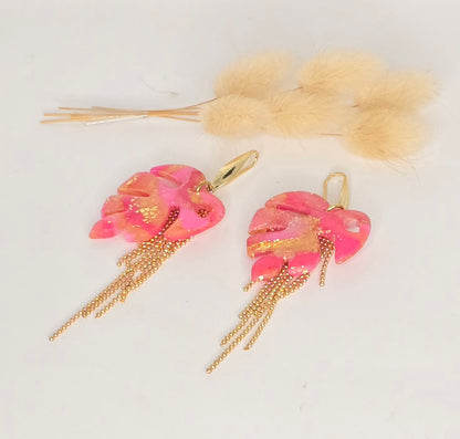 Boucles d’oreilles feuilles tropicale rose et orange résine. - vue 3 - Créa Gégé