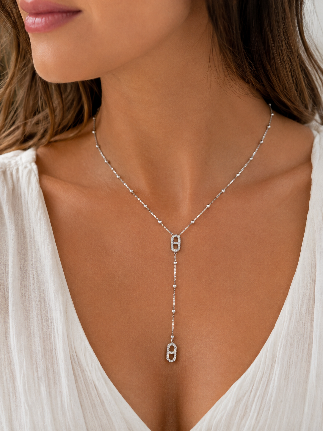 Collier Y maille marine en acier inoxydable serti de strass