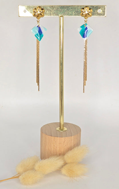 Boucles d’oreilles pampilles dorées aux couleurs de l’océan - vue 2 - Créa Gégé