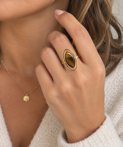Bague ajustable navette œil de tigre & anneau ovale doré