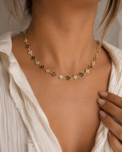Collier Trèfle Dégradé Noir et Blanc - Acier Inoxydable