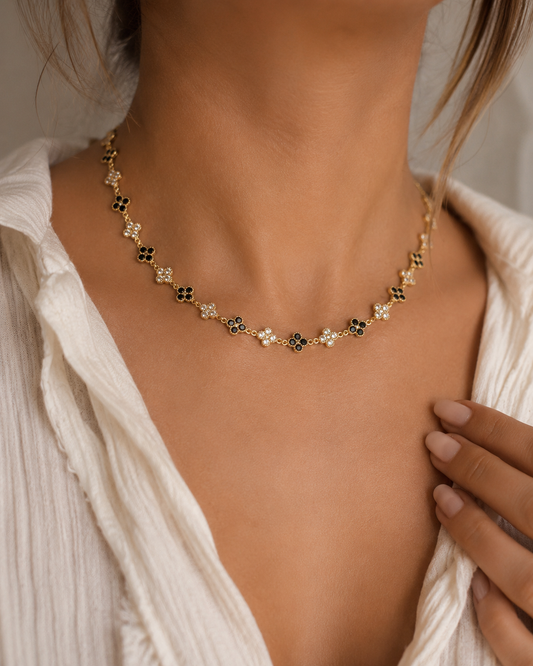 Collier Trèfle Dégradé Noir et Blanc - Acier Inoxydable