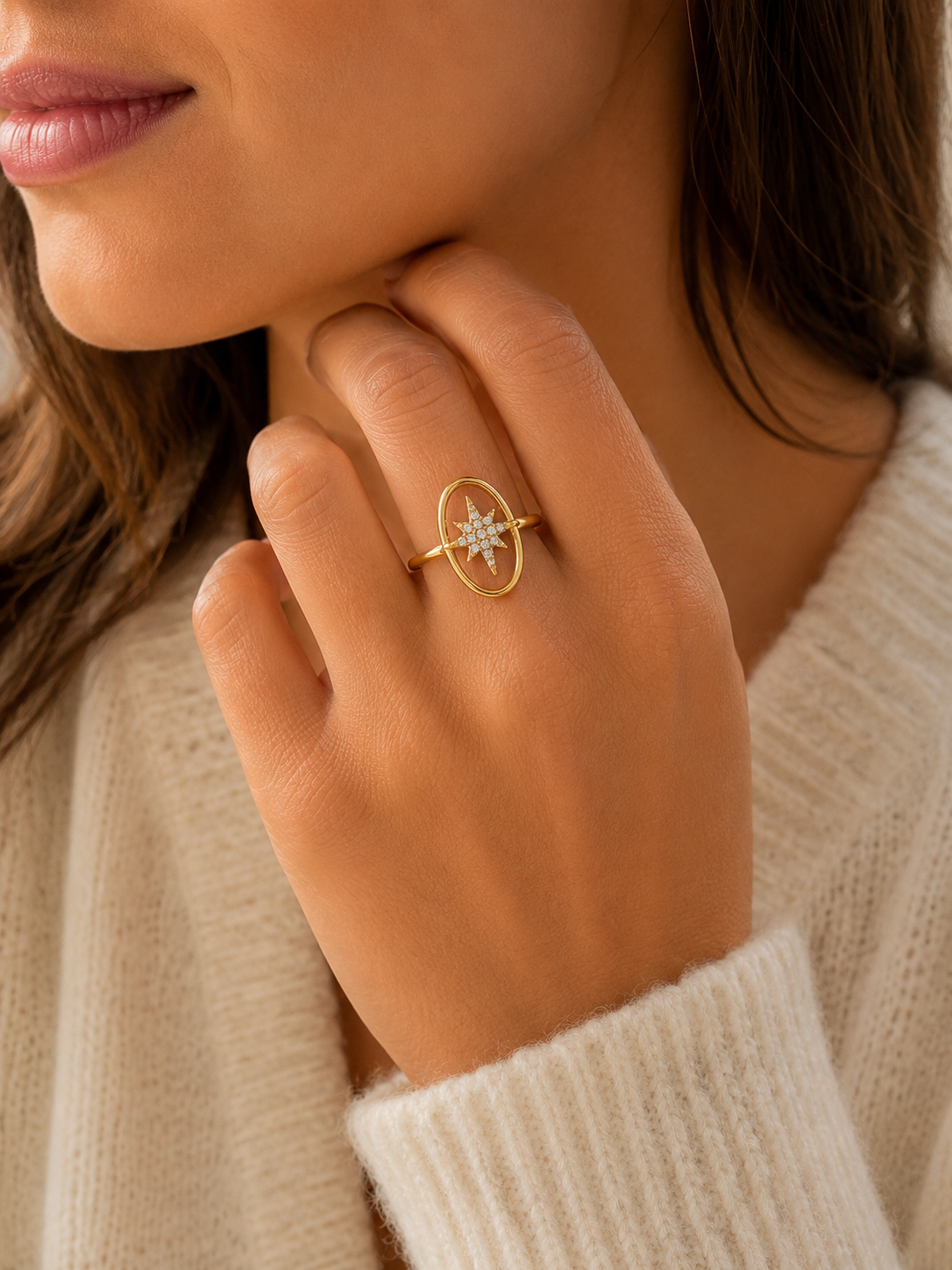 Bague ajustable étoile ovale en acier inoxydable serti de strass
