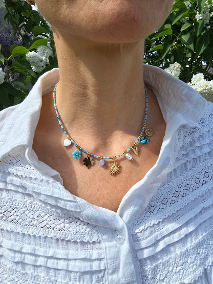 Collier charms ajustable en perle - acier inoxydable