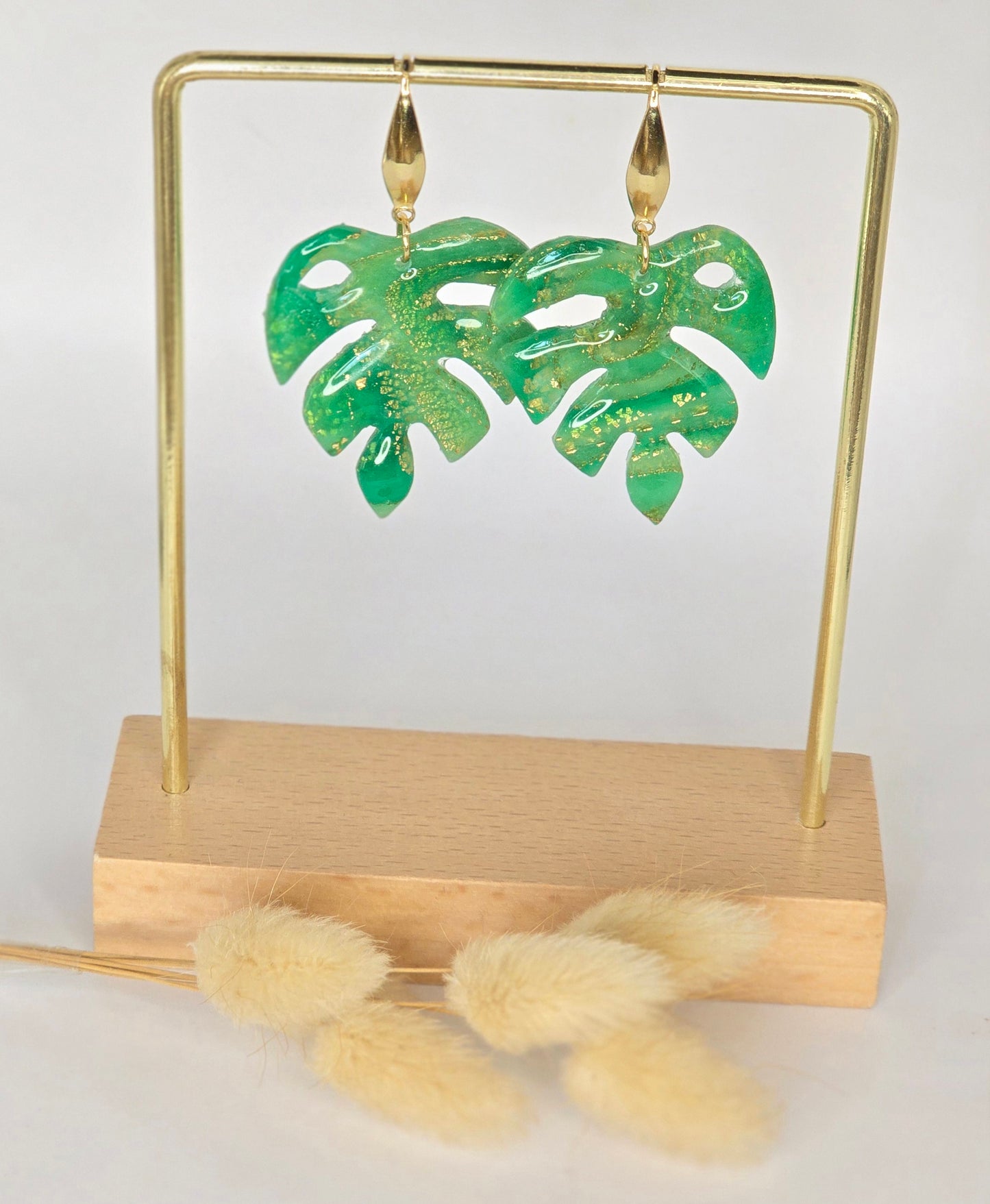 Boucles d’oreilles Feuille marbré-vert émeraude et eclat dorés - Créa Gégé