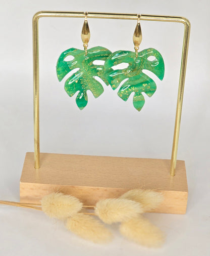 Boucles d’oreilles Feuille marbré-vert émeraude et eclat dorés - Créa Gégé