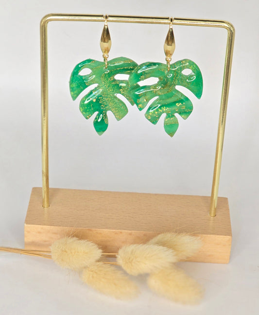 Boucles d’oreilles Feuille marbré-vert émeraude et eclat dorés - Créa Gégé