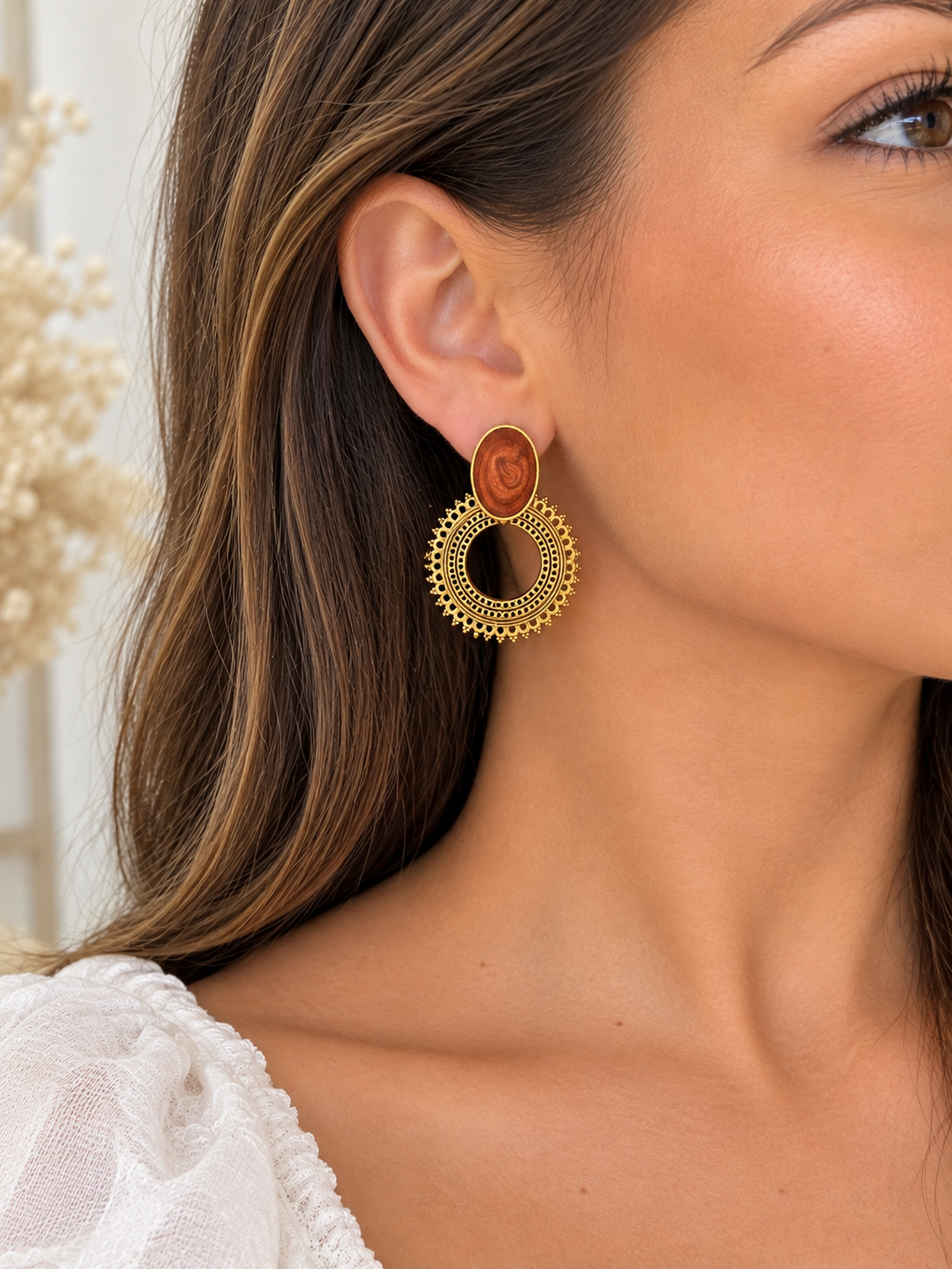 Boucles d'oreilles pendantes bohème bronze & soleil doré