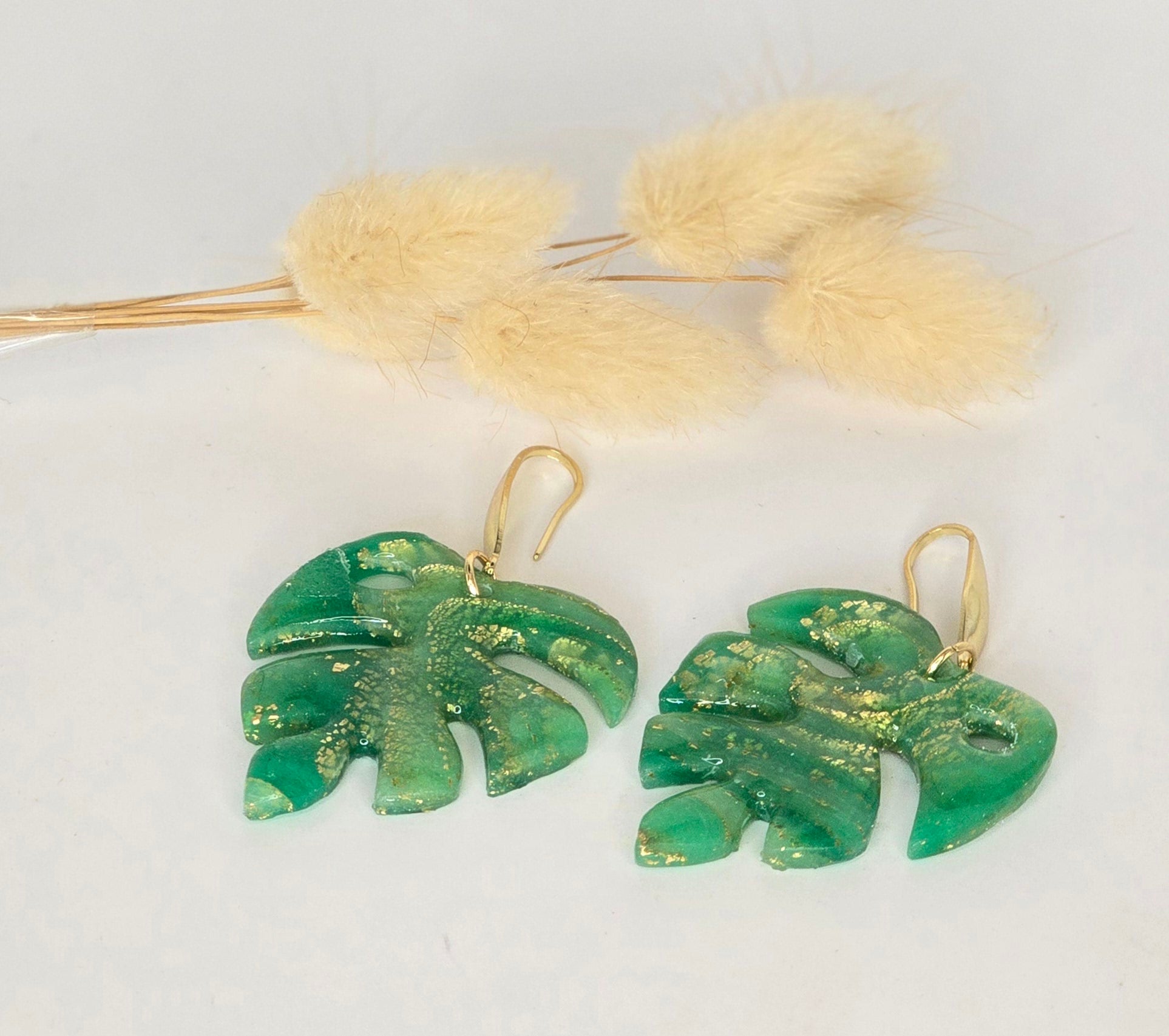 Boucles d’oreilles Feuille marbré-vert émeraude et eclat dorés - vue 2 - Créa Gégé