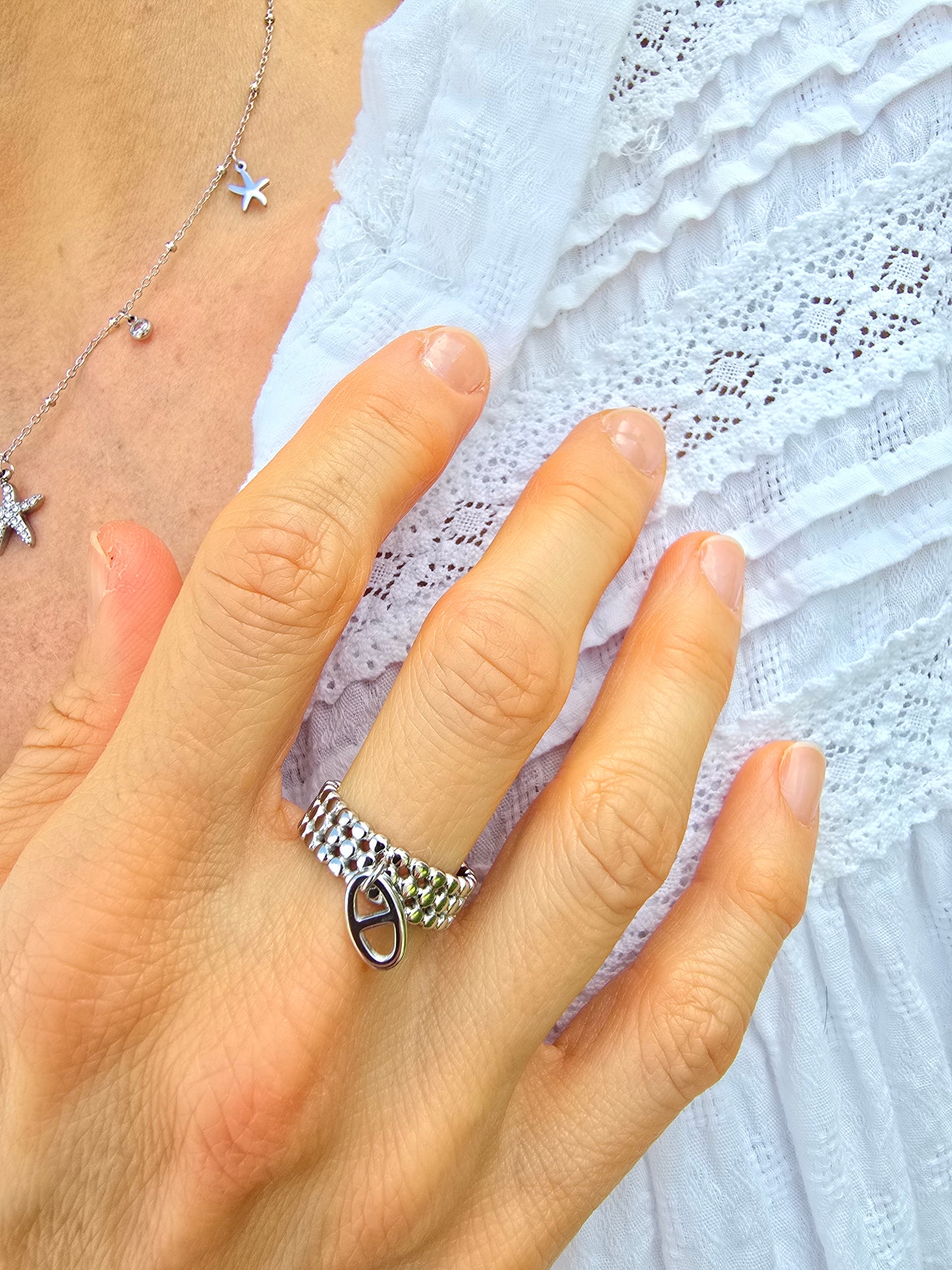 Bague ajustable  maille marine - Acier inoxydable