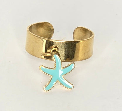 Bague Dorée étoile de mer turquoise-acier inoxydable ajustable style bord de mer - vue 3 - Créa Gégé