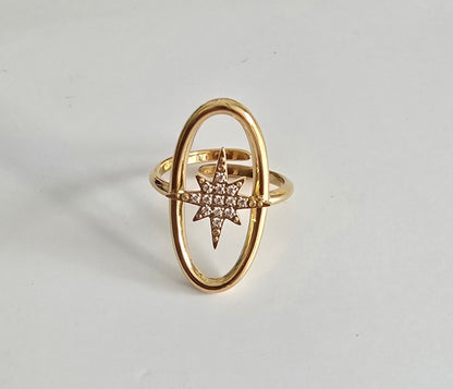 Bague ajustable étoile ovale en acier inoxydable serti de strass