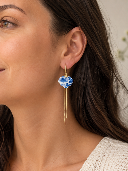 Boucles d’oreilles florale artisanales-collection élégance bleu-acier inoxydable et pâte polymère