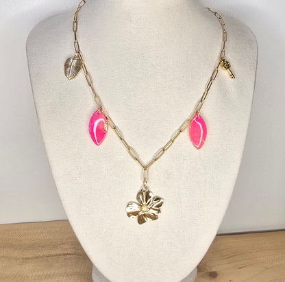 Collier fleur doré Gouttes rose transparent - vue 2 - Créa Gégé