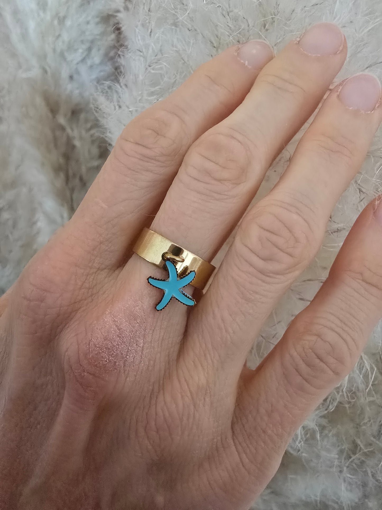 Bague Dorée étoile de mer turquoise-acier inoxydable ajustable style bord de mer - Créa Gégé