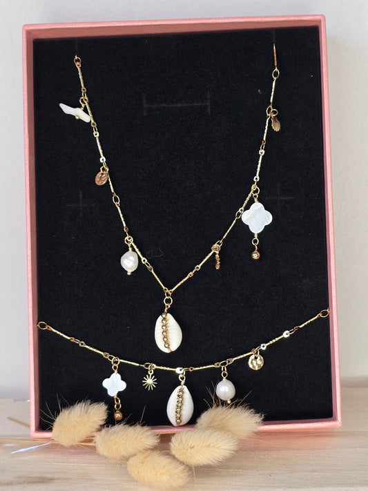 Parure  collier bracelet coquillage blanc - Acier inoxydable estival