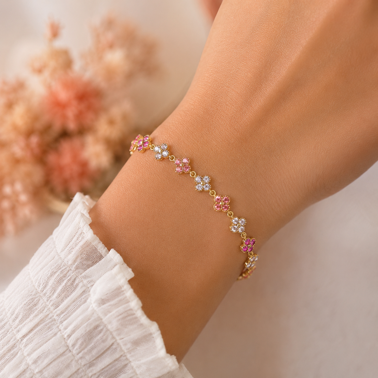 Bracelet Trèfle Rose Ajustable - Acier Inoxydable