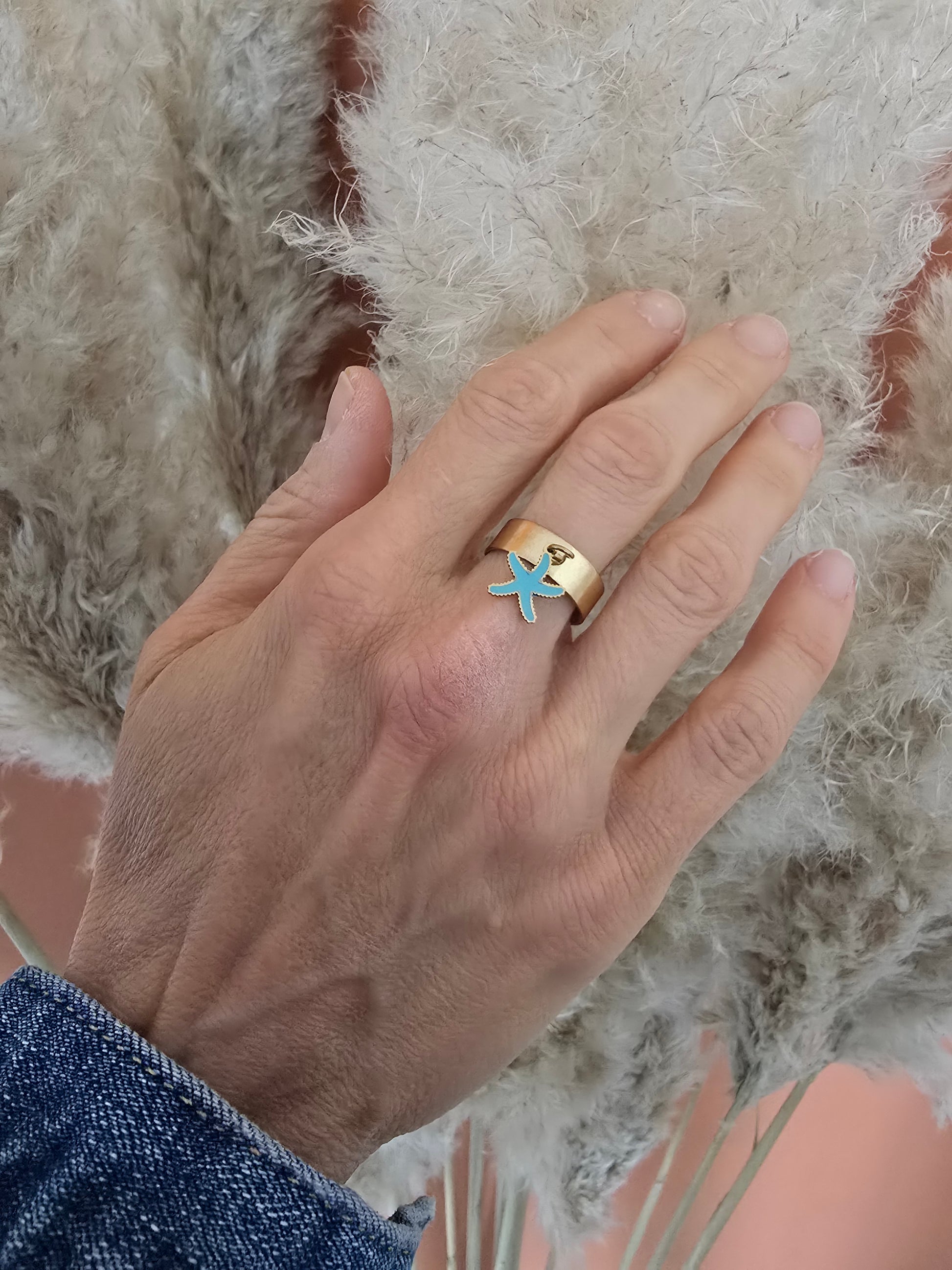 Bague Dorée étoile de mer turquoise-acier inoxydable ajustable style bord de mer - vue 2 - Créa Gégé