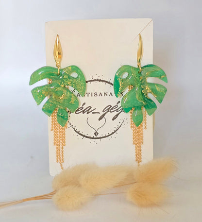Boucles d’oreilles feuilles tropicale rose et orange résine. - vue 4 - Créa Gégé