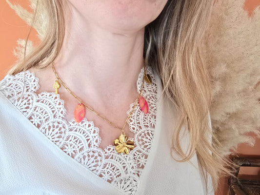 Collier fleur doré Gouttes rose transparent - Créa Gégé